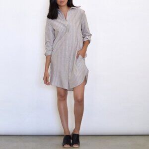 Lumiere striped button up long sleeve shirt dress tan and white women's size L